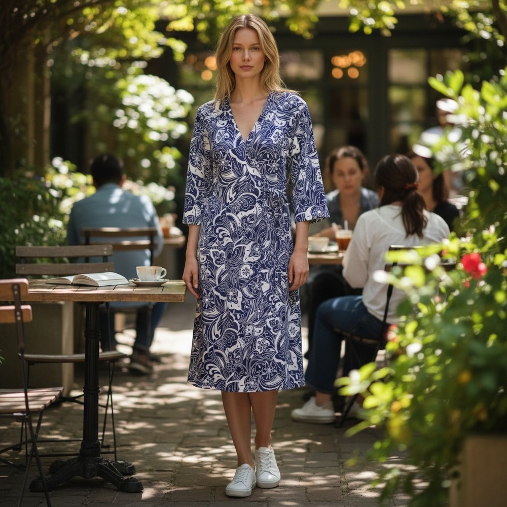 Talbots Faux Wrap Dress Womens Plus 1X Navy Blue White Floral Paisley